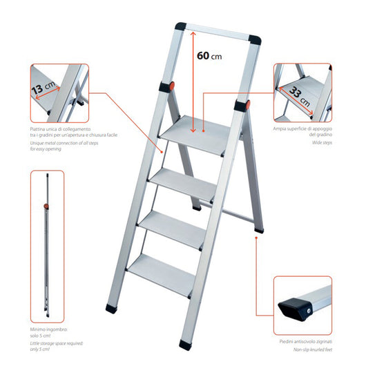 SCALETTA SGABELLO ALLUMINIO 4 GRADINI PARAPETTO ALTO PIEGHEVOLE SLIMSTEP GIERRE BS400