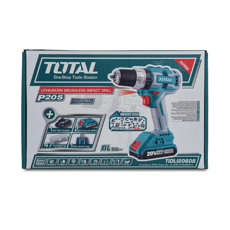 TOTAL TRAPANO AVVITATORE A BATTERIA + 2 BATTERIE 20V 2Ah LITIO RICARICABILI + ACCESSORI TIDLI20608