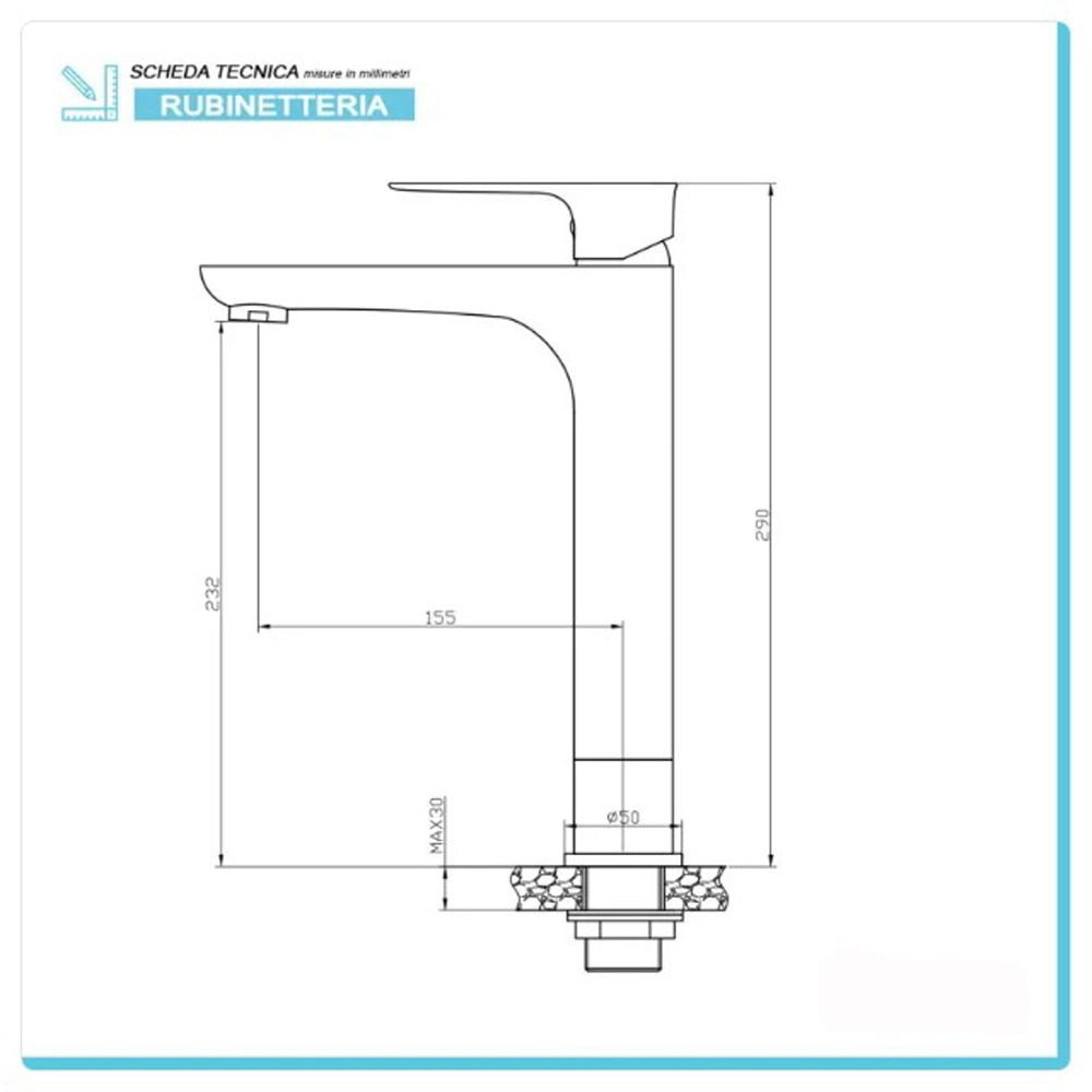 MISCELATORE MONOCOMANDO RUBINETTO LAVABO ALTO CROMATO LUCIDO SERIE FLAT FERIDRAS 401022