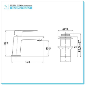 MISCELATORE MONOCOMANDO RUBINETTO LAVABO CROMATO LUCIDO SERIE QUATRA FERIDRAS 401041