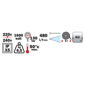 IDROPULITRICE RX2 1600W 130bar PORTATA MAX 480 Lt/h CON ACCESSORI RIBIMEX