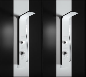 Pannello doccia idromassaggio in alluminio verniciato a polvere finitura bianco opaco (fronte) e nero opaco (fianco)