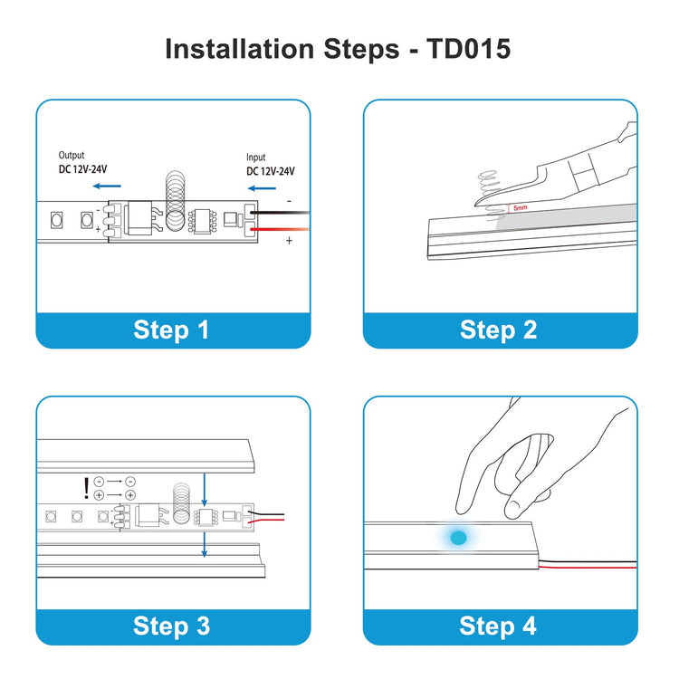 Interruttore LED Dimmer Touch Da Incasso CCT con Memoria 0V e Cambio della Temperatura Colore Tensione di Ingresso 12V-24V DC Tensione di Uscita 12V-24V DC Altezza della Molla 20mm