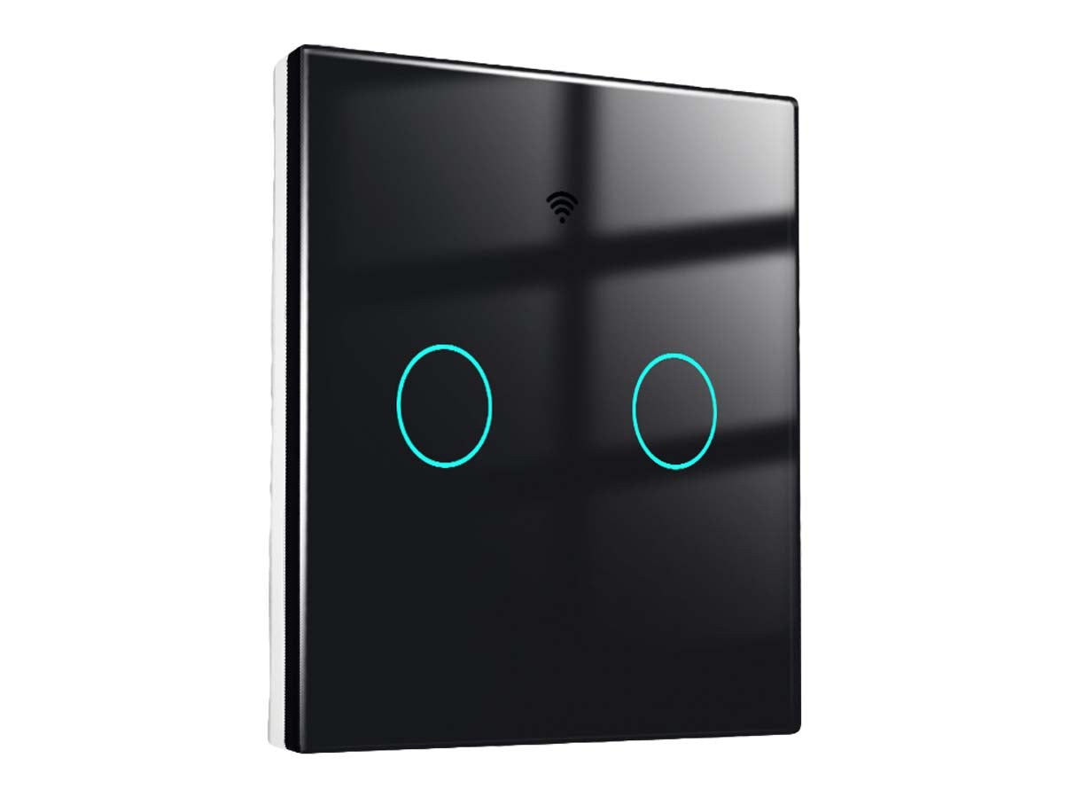 Interruttore Wifi Da Parete 86X86 Pannello Touch 2 Tasti Colore Nero WiFi + RF 433 Compatibile con Amazon Alexa e Google Home