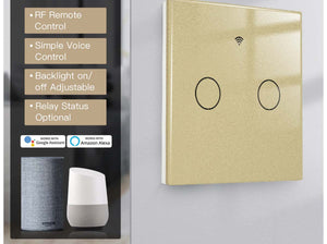 Interruttore Wifi Da Parete 86X86 Pannello Touch 2 Tasti Colore Oro WiFi + RF 433 Compatibile con Amazon Alexa e Google Home