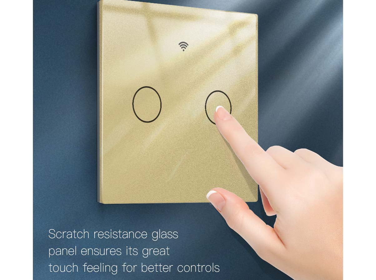 Interruttore Wifi Da Parete 86X86 Pannello Touch 2 Tasti Colore Oro WiFi + RF 433 Compatibile con Amazon Alexa e Google Home