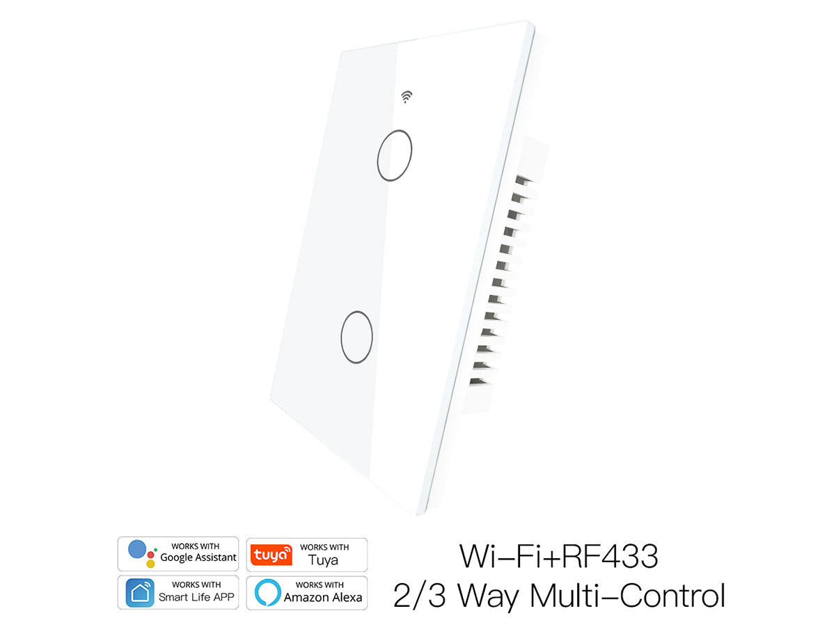 Interruttore Wifi Da Parete Pannello Touch 2 Tasti Colore Bianco WiFi + RF 433 Compatibile con Amazon Alexa e Google Home