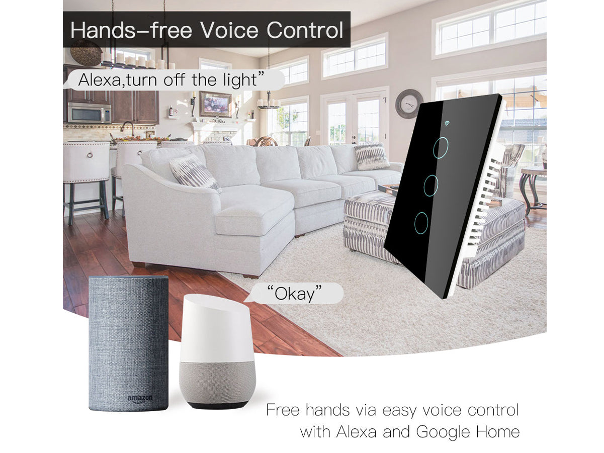 Interruttore Wifi Da Parete Pannello Touch 3 Tasti Colore Nero WiFi + RF 433 Compatibile con Amazon Alexa e Google Home