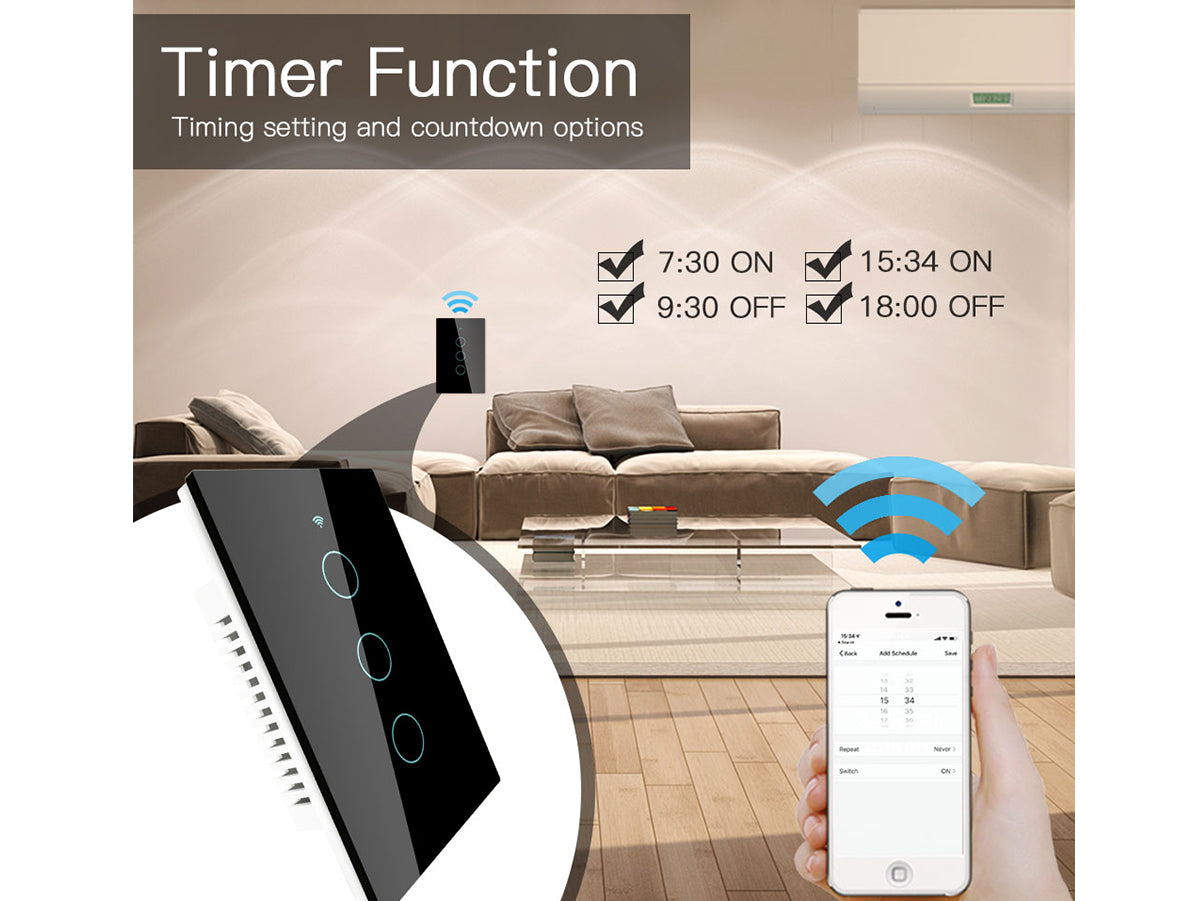 Interruttore Wifi Da Parete Pannello Touch 3 Tasti Colore Nero WiFi + RF 433 Compatibile con Amazon Alexa e Google Home