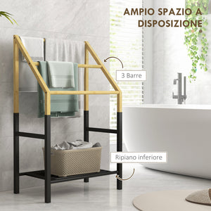 Piantana Portasciugamani da Bagno da Terra 3 Barre e Ripiano Inferiore 51x31x85,5 cm in Bambù e Acciaio Nero