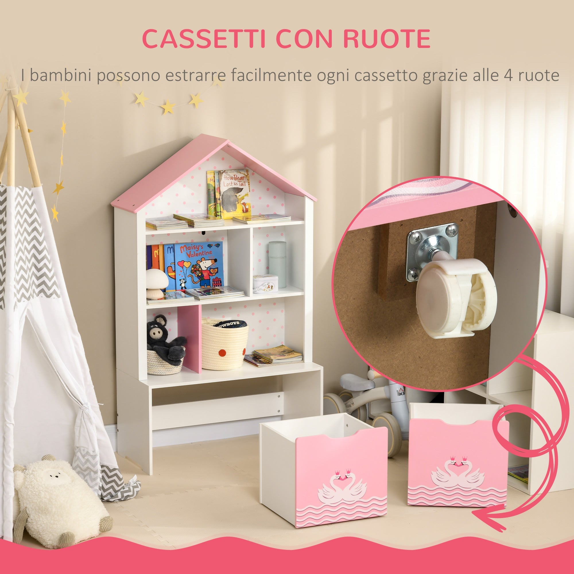 Scaffale Portagiochi per Bambini 78,5x34x127,5 cm con Ripiani Aperti e Cassetti Rosa