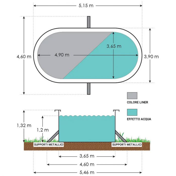 Piscina Fuori Terra Steeldesign - 4,90 X 3,65 X H.1,32 M - Kit Base