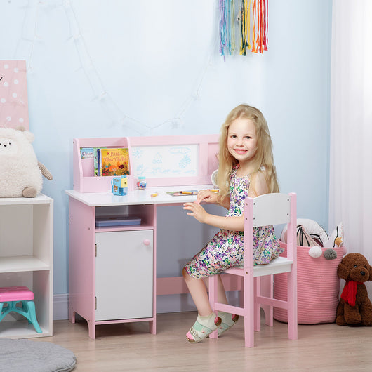 Banco Scuola per Bambini con Sedia in Legno Bianco e Rosa