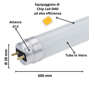 Tubo led t8 9 watt 60 centimetri vetro attacco g13 risparmio energetico temperatura 6000k bianco freddo