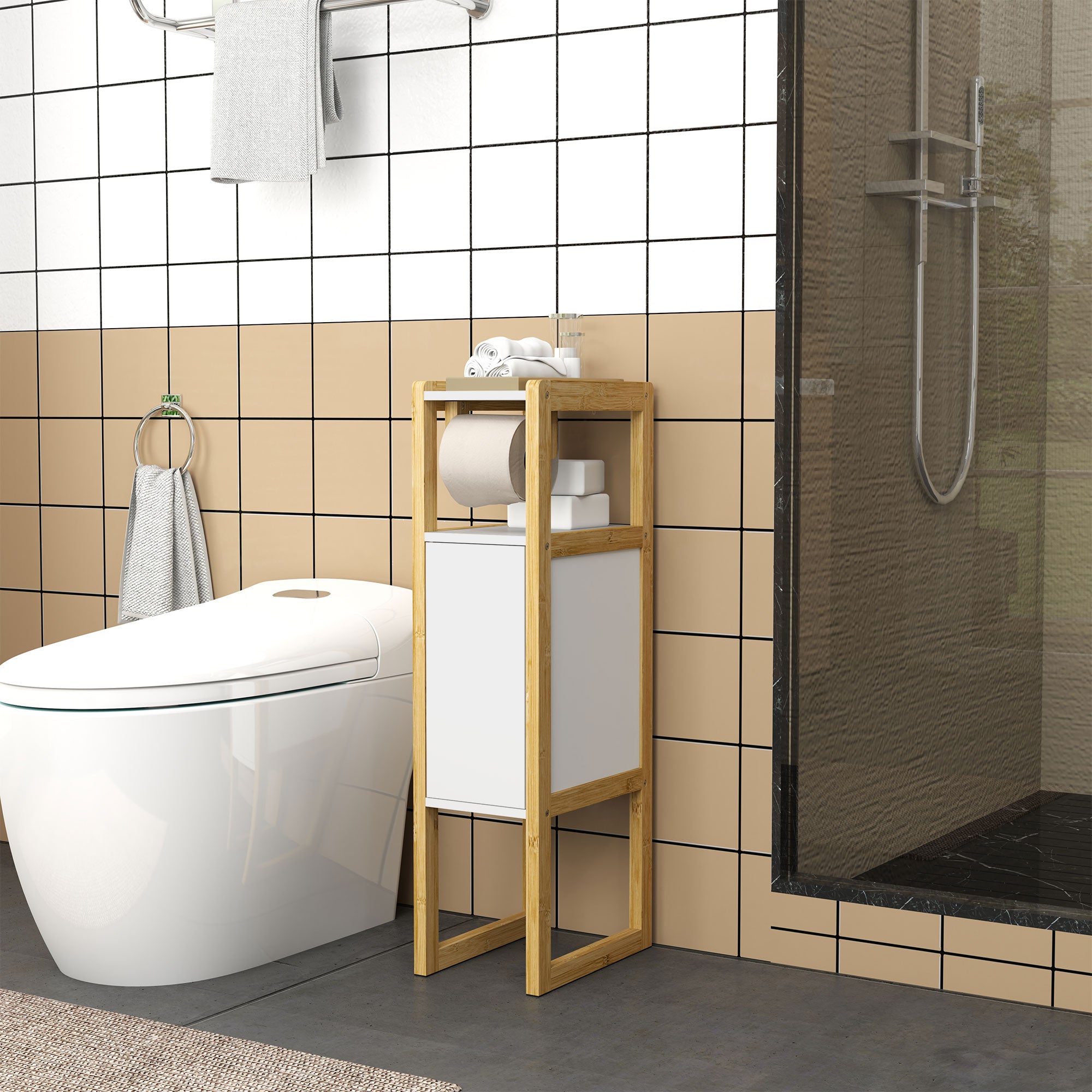 Mobiletto Bagno Salvaspazio Armadietto Porta Carta Igienica con Ripiano in Bambù 20x33x80cm Bianco