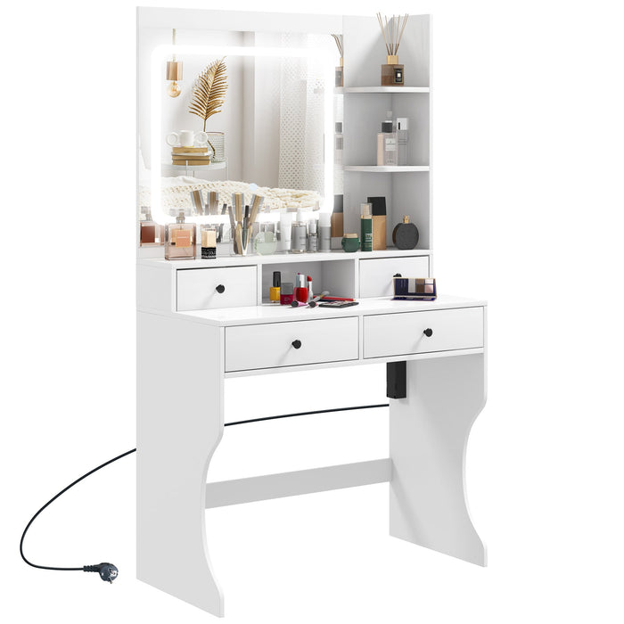 Consolle Trucco con Luci LED 3 Tonalità Specchio e Prese USB 90x45x160 cm Bianco