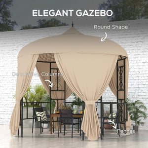 Gazebo da Giardino Rotondo Ø3m con Tende e Prese d'Aria in Metallo e Poliestere Beige