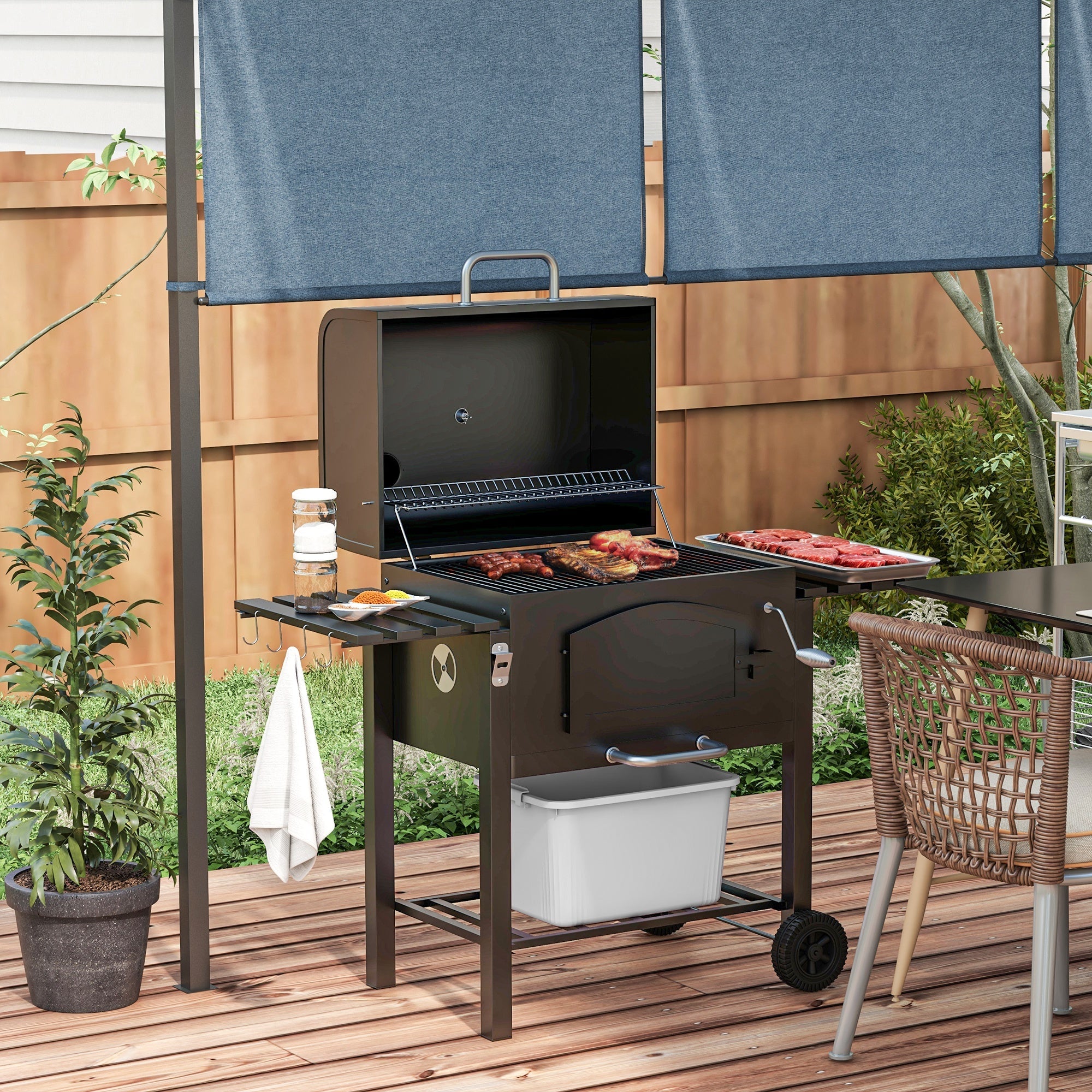 Barbecue da Giardino a 2 Ruote con Griglia Affumicatore e Fornello 124x66x112 cm in Metallo e Ghisa Nero