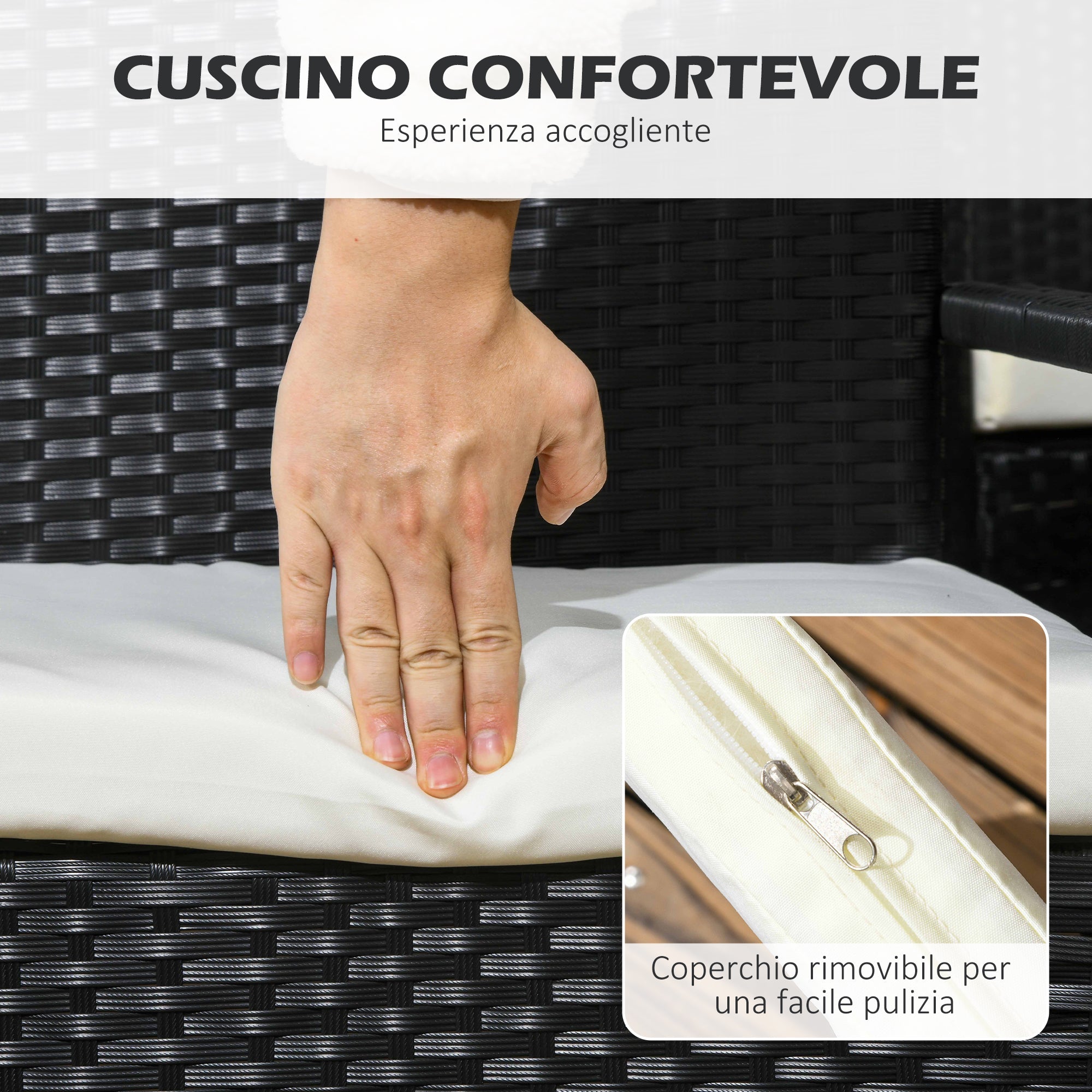 Set Tavolo e 6 Sedie da Giardino con Cuscini in Acciaio Rattan PE Nero e Beige