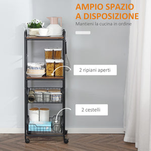 Carrello da Cucina 40x38x111 cm 2 Cestelli e 2 Ripiani in Legno Noce