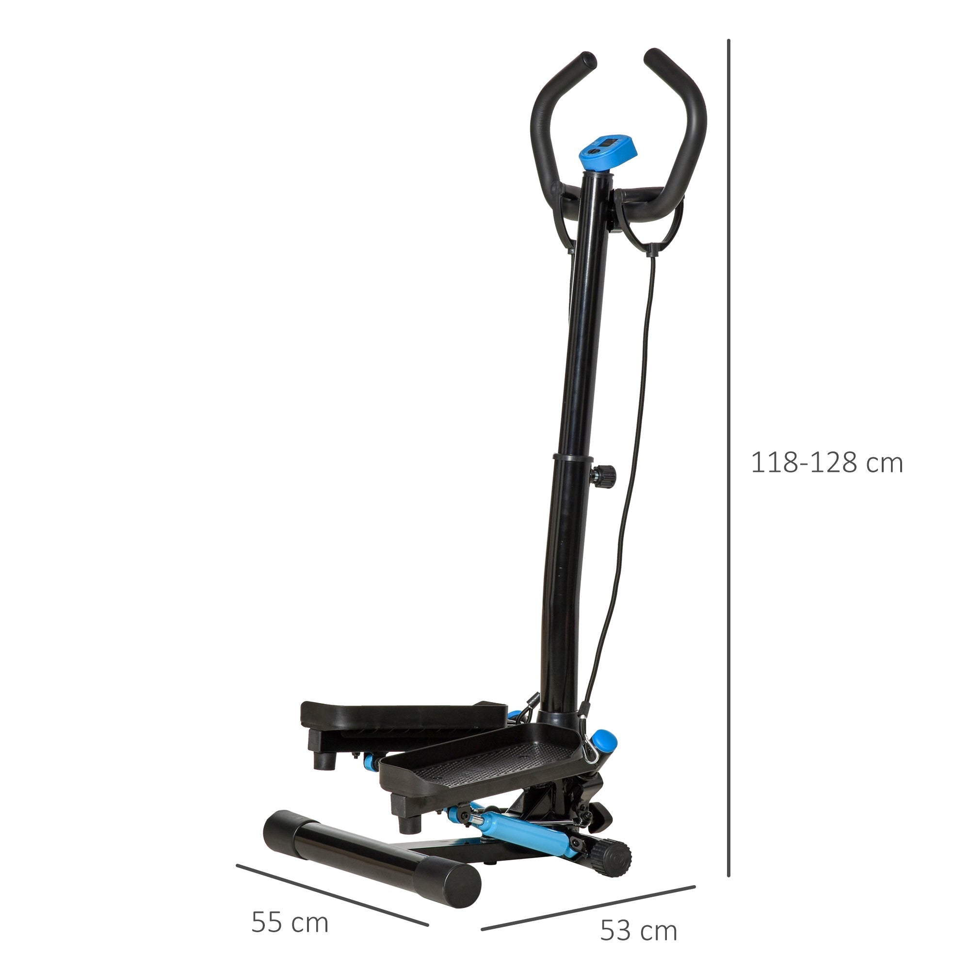 Stepper con Monitor LCD 55x53x118-128 cm Manubrio Regolabile ed Elastici Nero e Blu