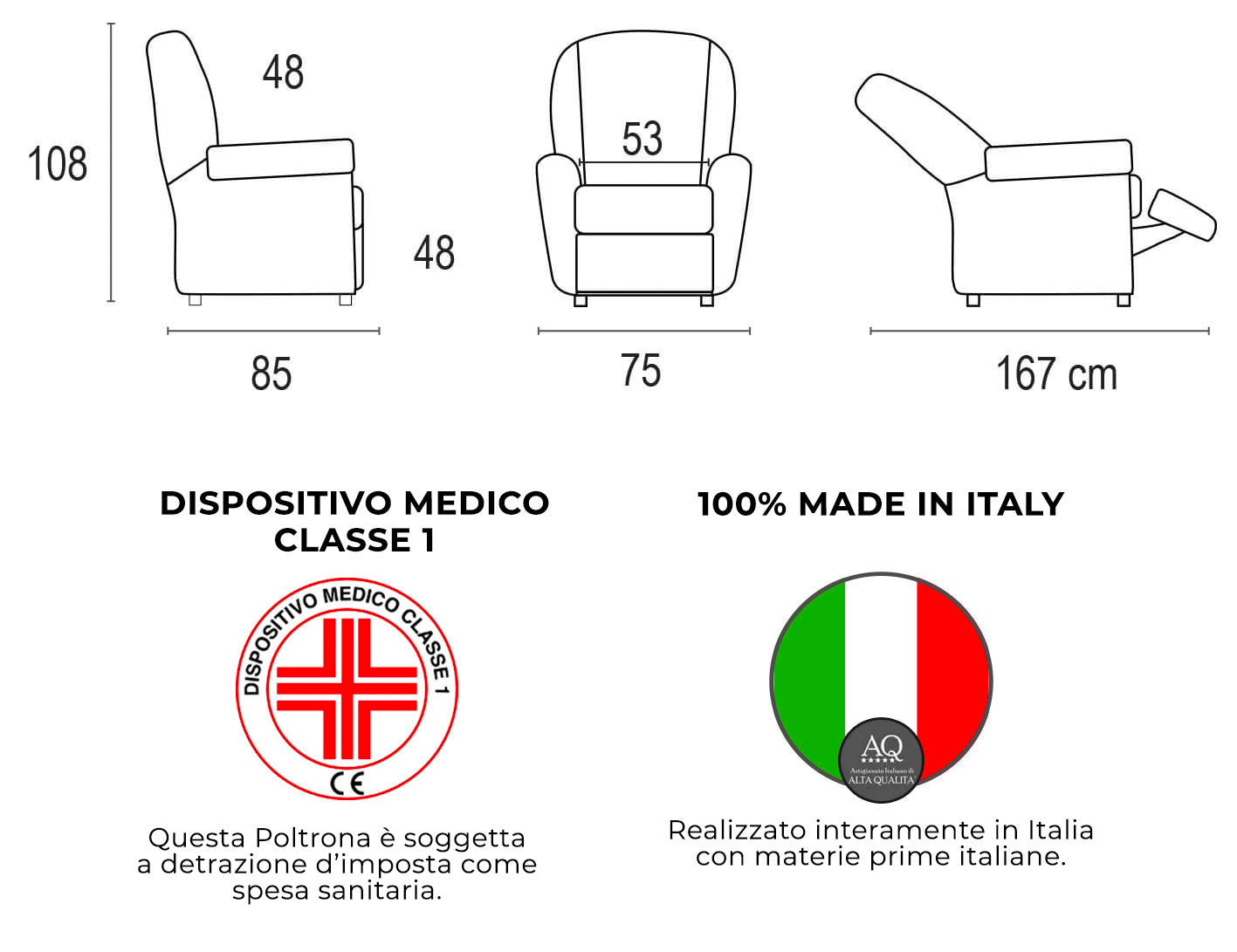 Poltrona Alzapersona Elettrica 2 Motori 75x108x85 cm con Ruote in Tessuto Dispositivo Medico 1 Grigio