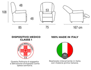 Poltrona Alzapersona Elettrica 2 Motori 75x108x85 cm con Ruote in Tessuto Dispositivo Medico 1 Grigio