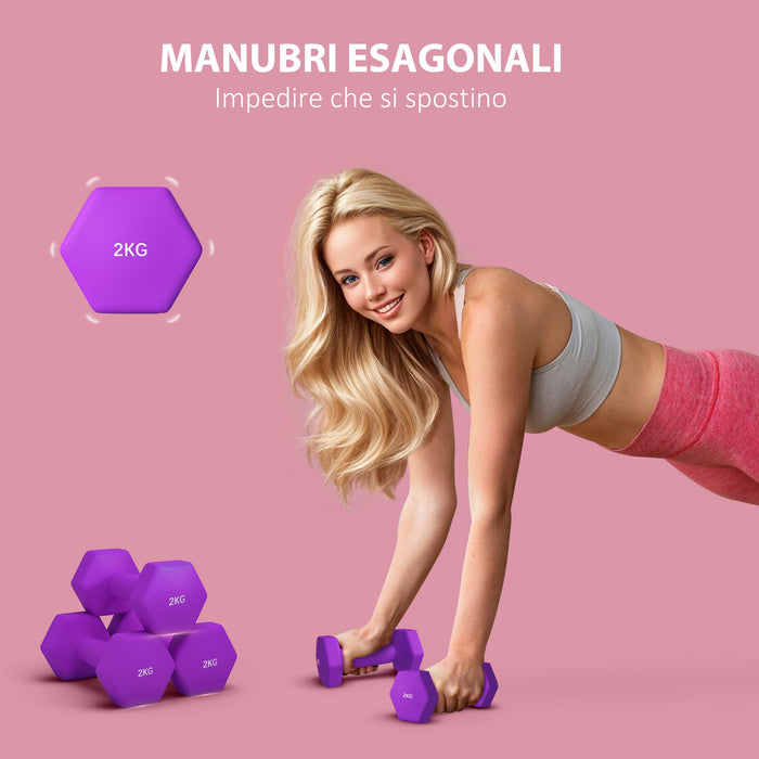 Set 2 Manubri Palestra 2 kg Pesi esagonali per Allenamento Viola