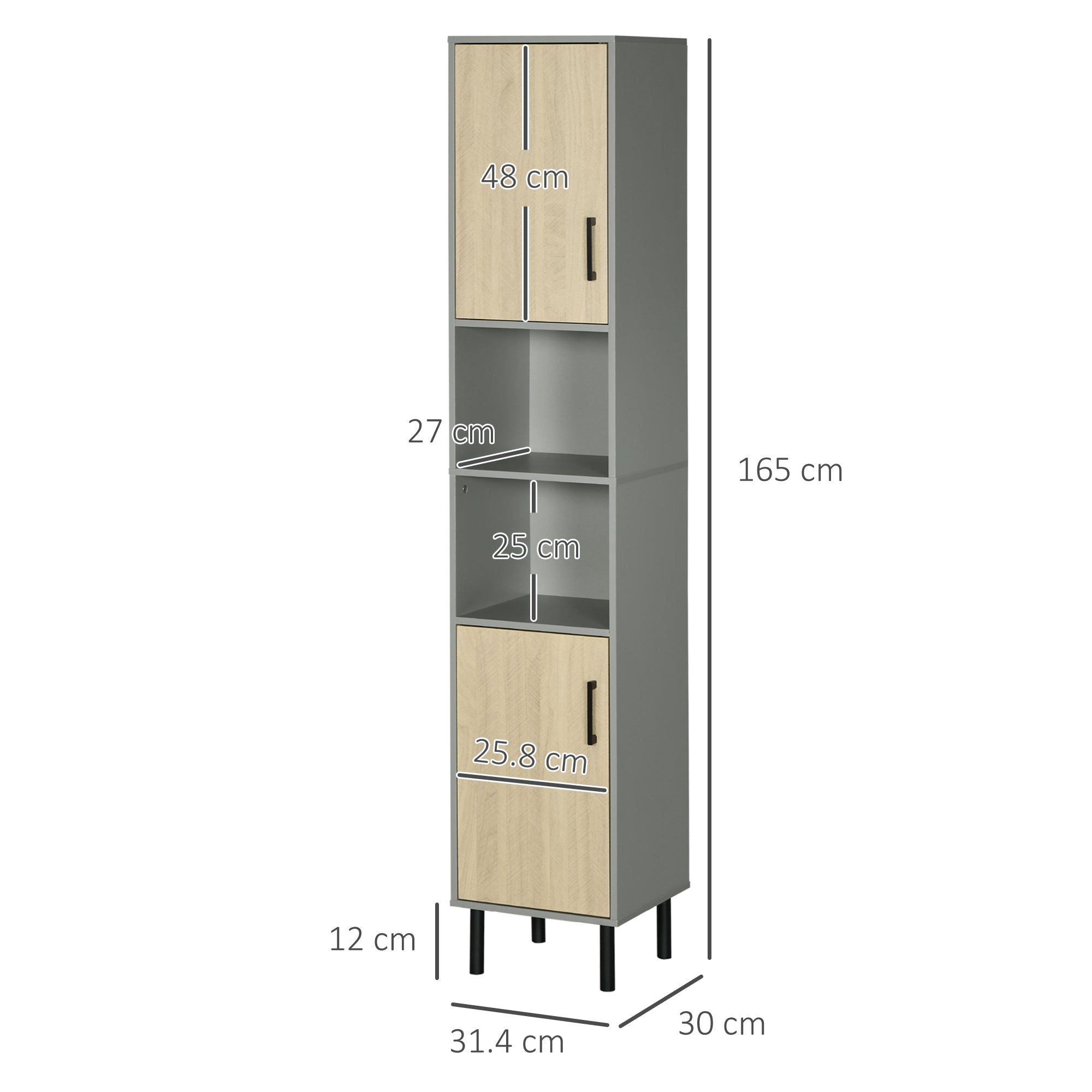 Mobile a Colonna per Bagno 31,4x30x165 cm 2 Ante 2 Ripiani in Truciolato Grigio e Quercia