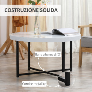 Tavolino da Caffè Rotondo con Piano Effetto Marmo Ø80x45 cm in MDF e Gambe in Metallo Bianco