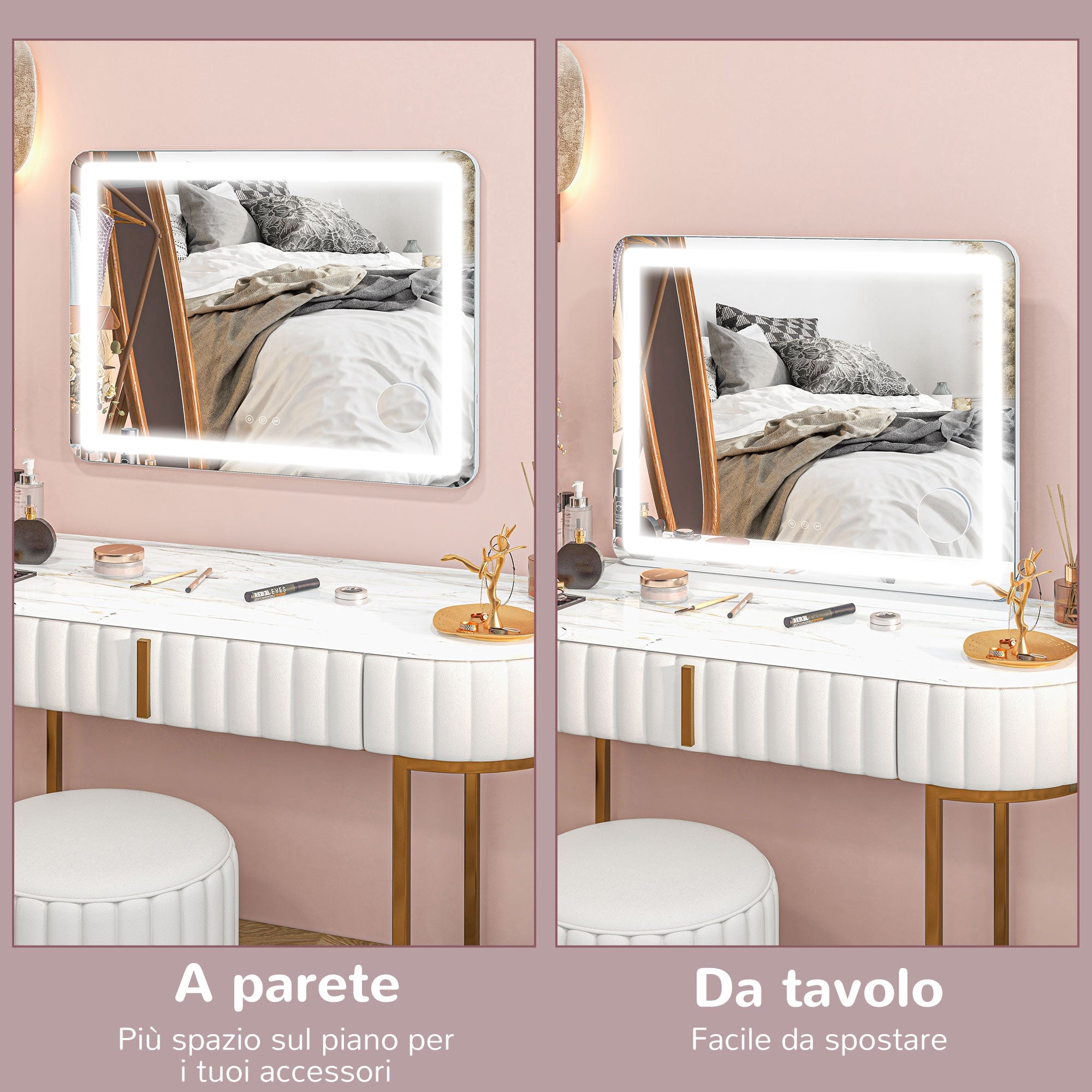 Specchio Trucco 80x62x14 cm con LED Regolabili Touch e Ingranditore 10x