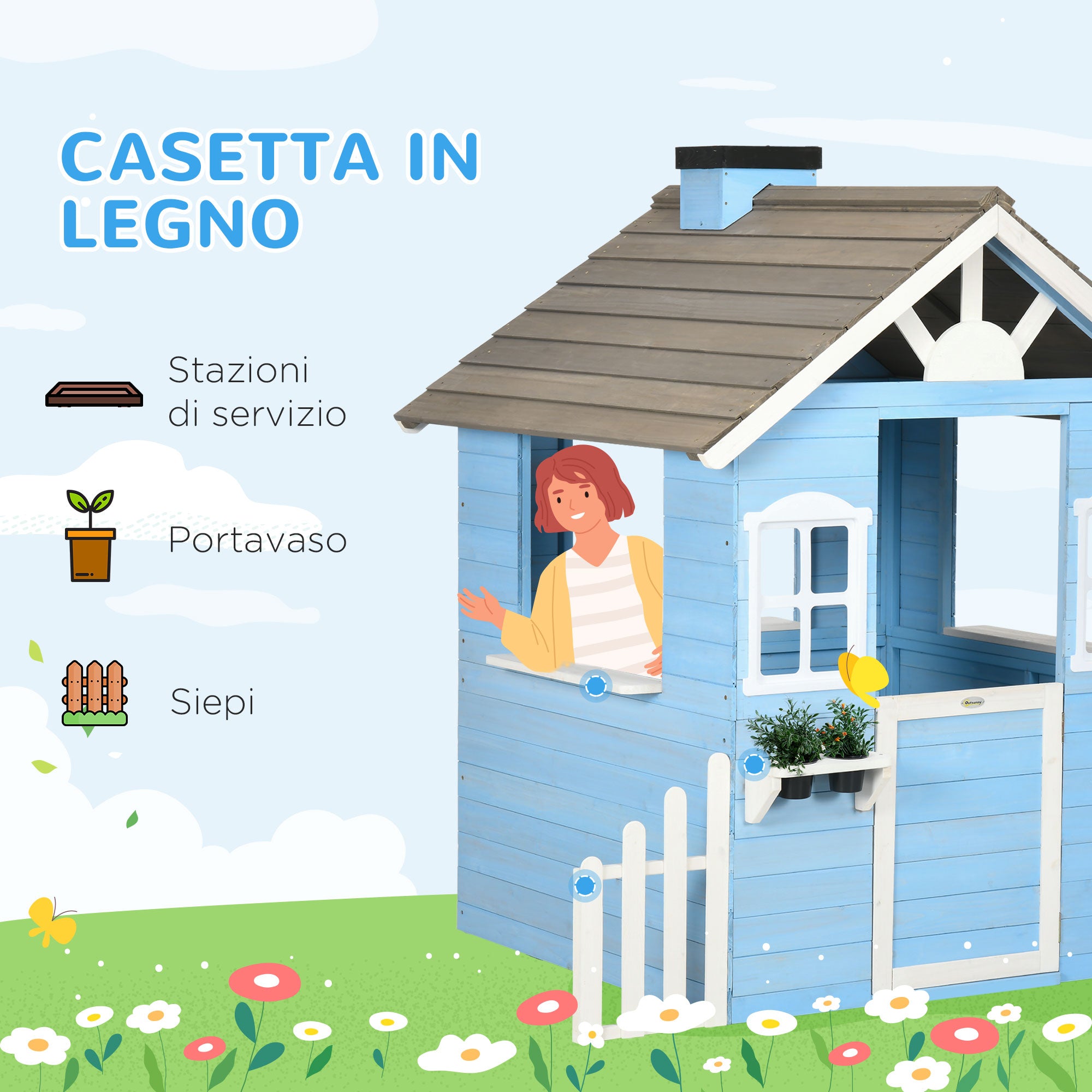 Casetta per Bambini 151x112,5x142 cm con Finestre Staccionata in Legno Blu