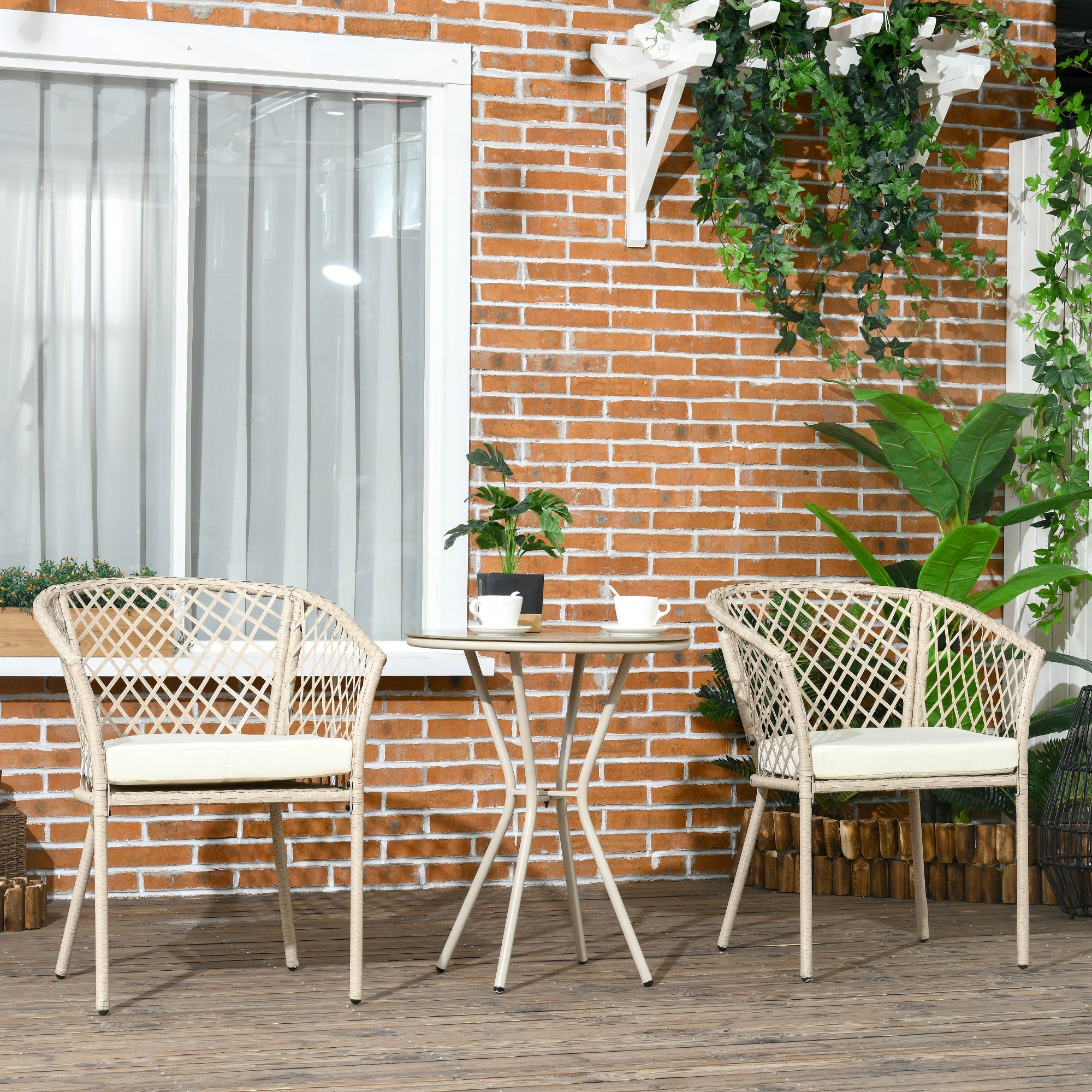 Set Tavolino con Piano in Vetro e 2 Poltrone da Giardino in Rattan PE Acciaio e Poliestere Khaki