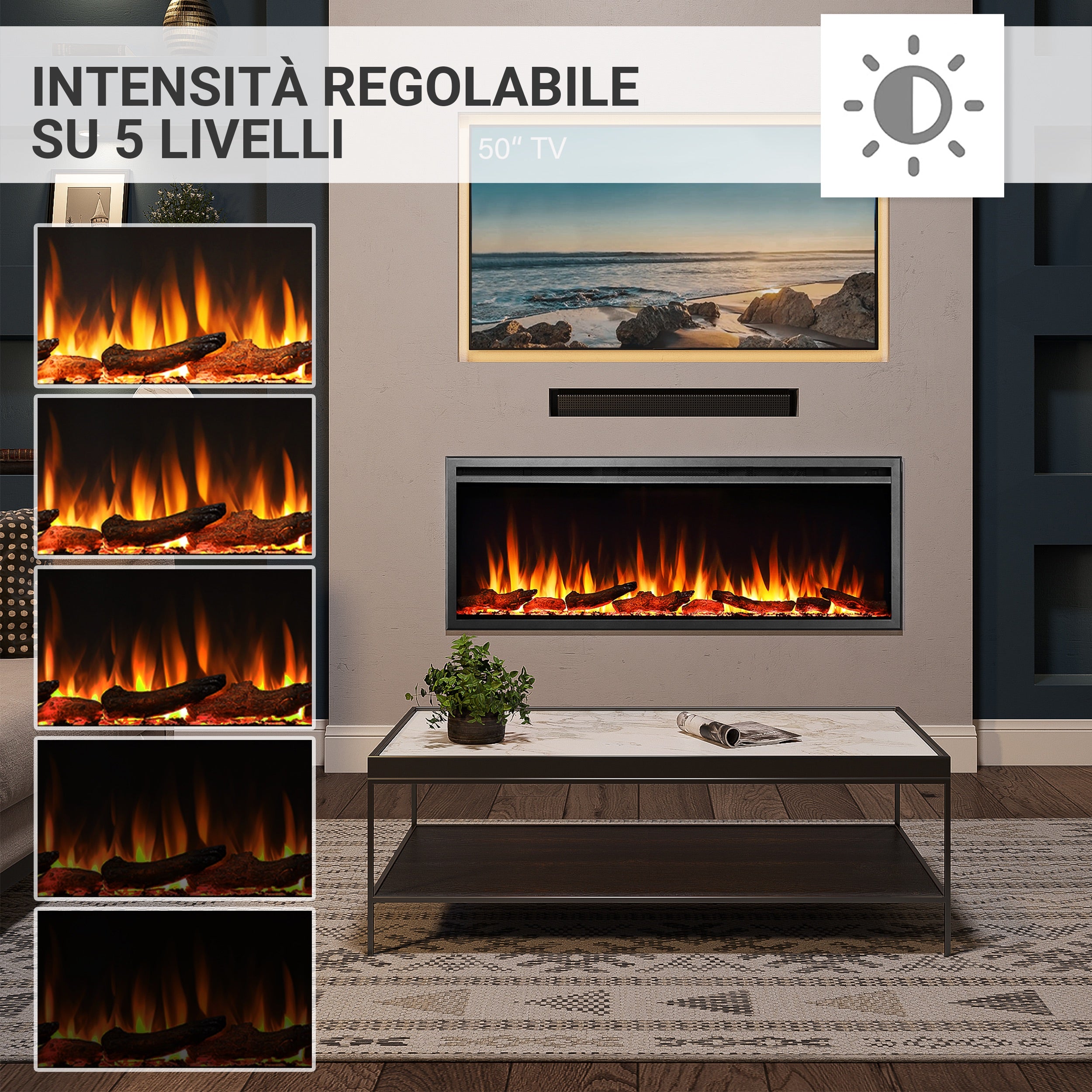 Camino elettrico a inserto Atalanta 50"| Riscaldamento  1500W, LED, app, crepitio | Telecomando, timer, termostato