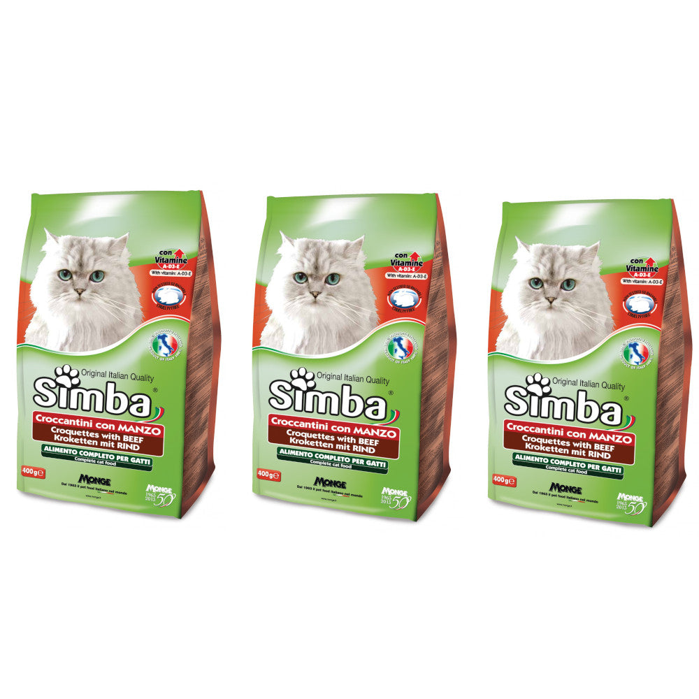 Multipack da 3 confezioni di simba croccantini per gatto al gusto manzo da 2 kg ciascuna