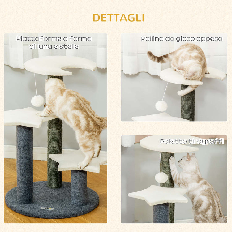 Albero Tiragraffi per Gatti 44x44x64 cm con Piattaforme a Luna e Stelle Palo in Sisal Grigio e Bianco