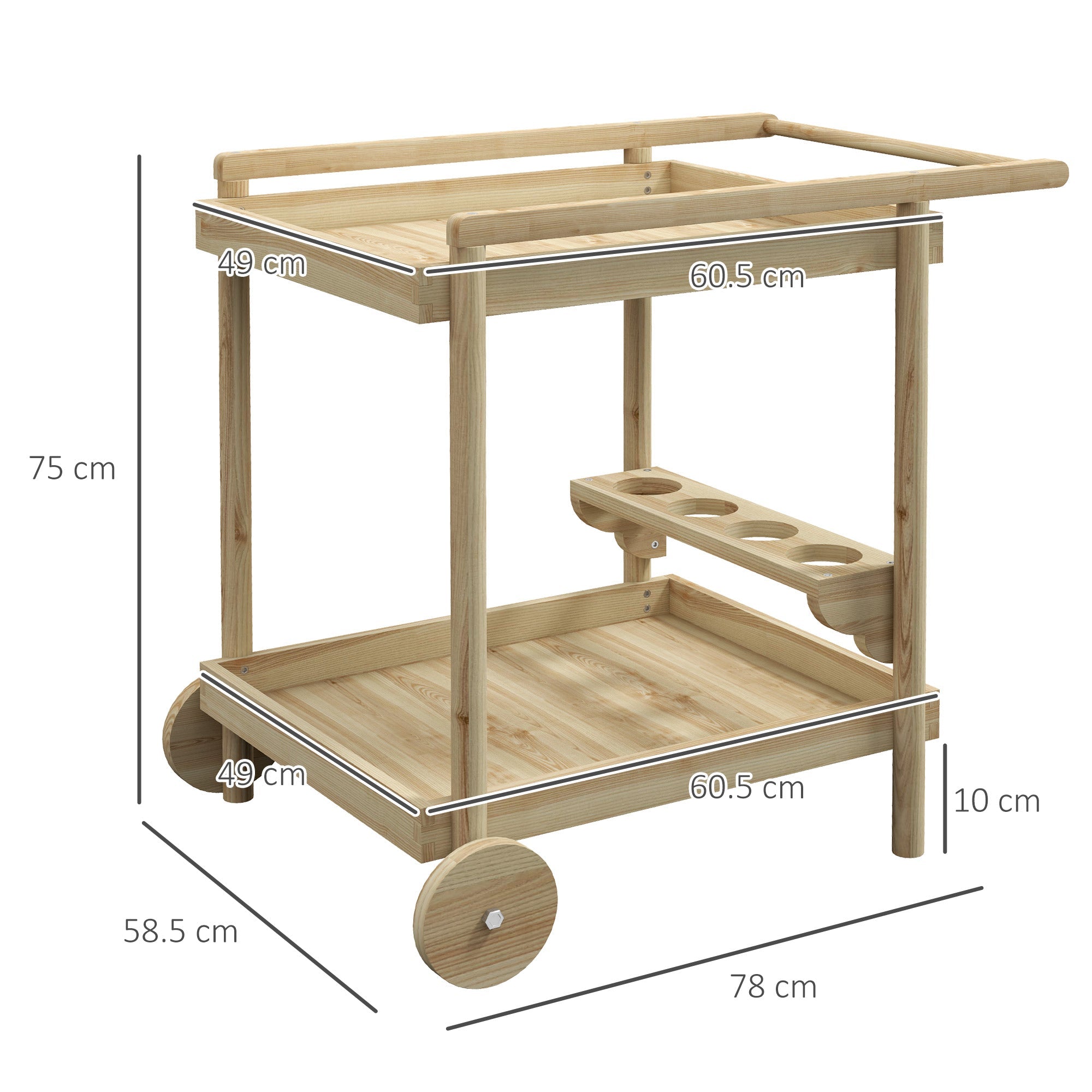 Carrello Portavivande a 2 Ripiani e 4 Portabottiglie 78x58.5x75 cm in Legno di Abete