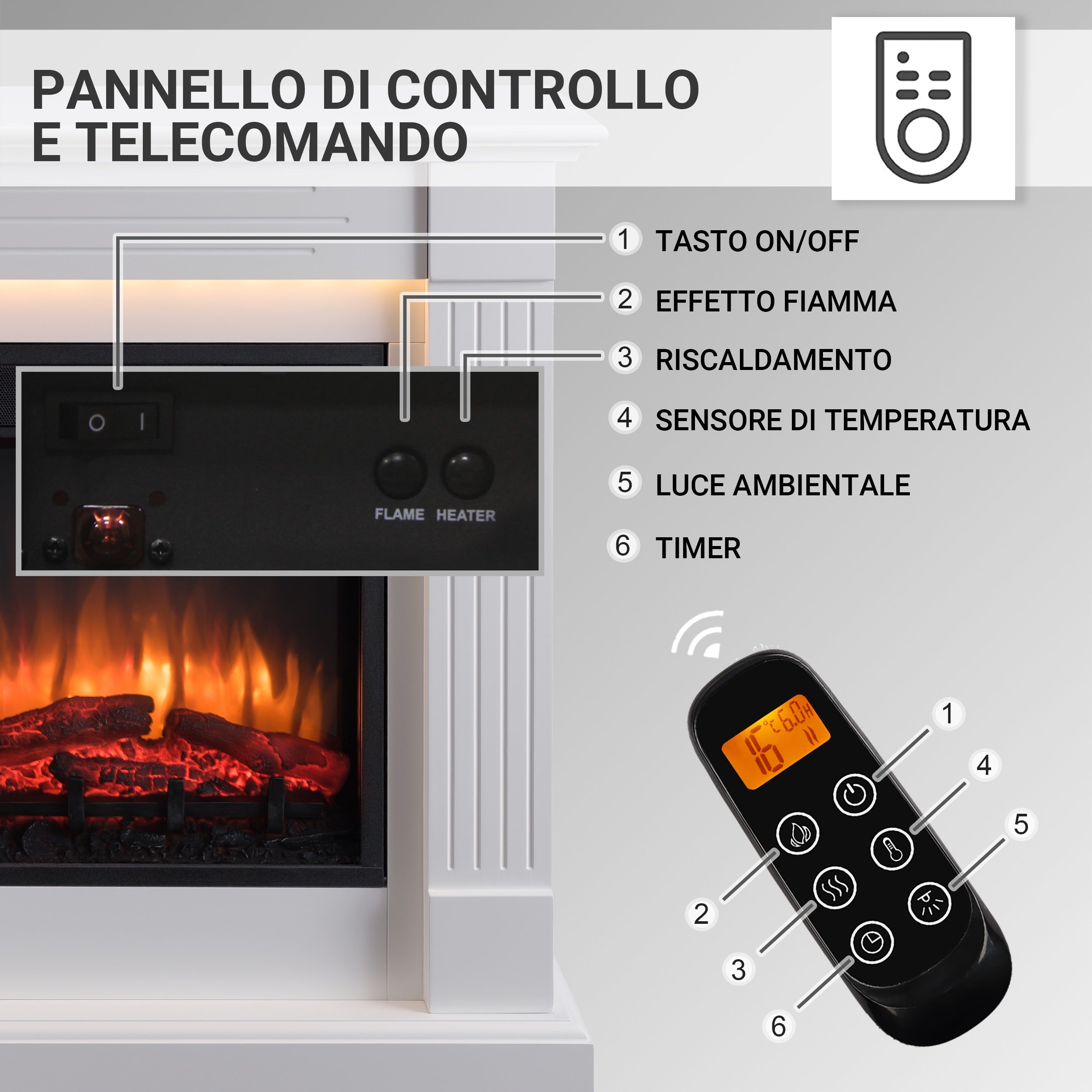 Camino elettrico da terra Ladina | Fiamma 3D, riscaldamento 2000W, luce LED, telecomando, timer, termostato | Bianco