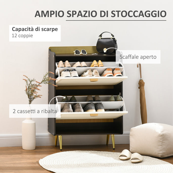 Scarpiera 12 Paia di Scarpe 70x23x101 cm 2 Cassetti e Mensola Bianco Noce e Oro