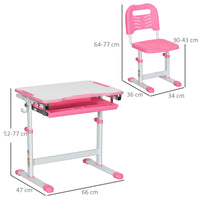 Banco Scuola per Bambini Piano Inclinabile e Sedia Regolabile 66x47x52-77 cm Rosa