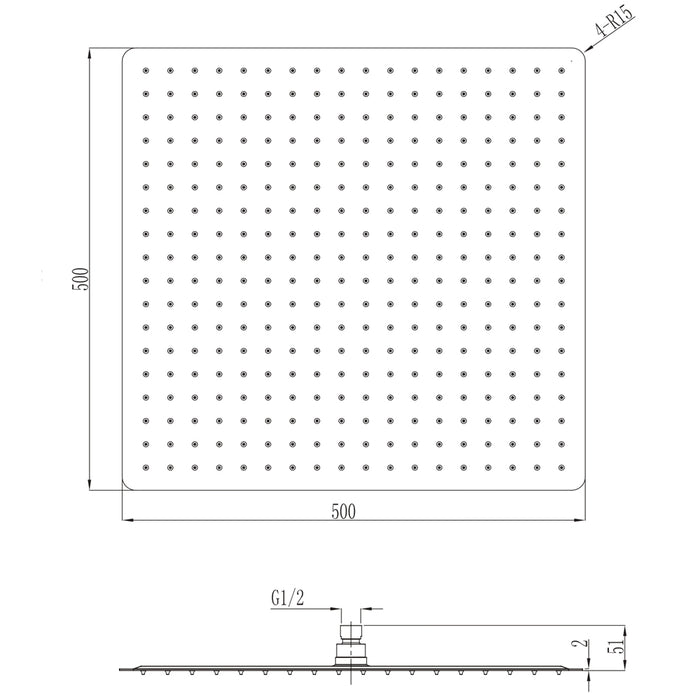 Soffione doccia quadrato acciaio inox 2 mm spessore effetto pioggia varie misure bagno *** misure 500x500x2 mm 324 ug...