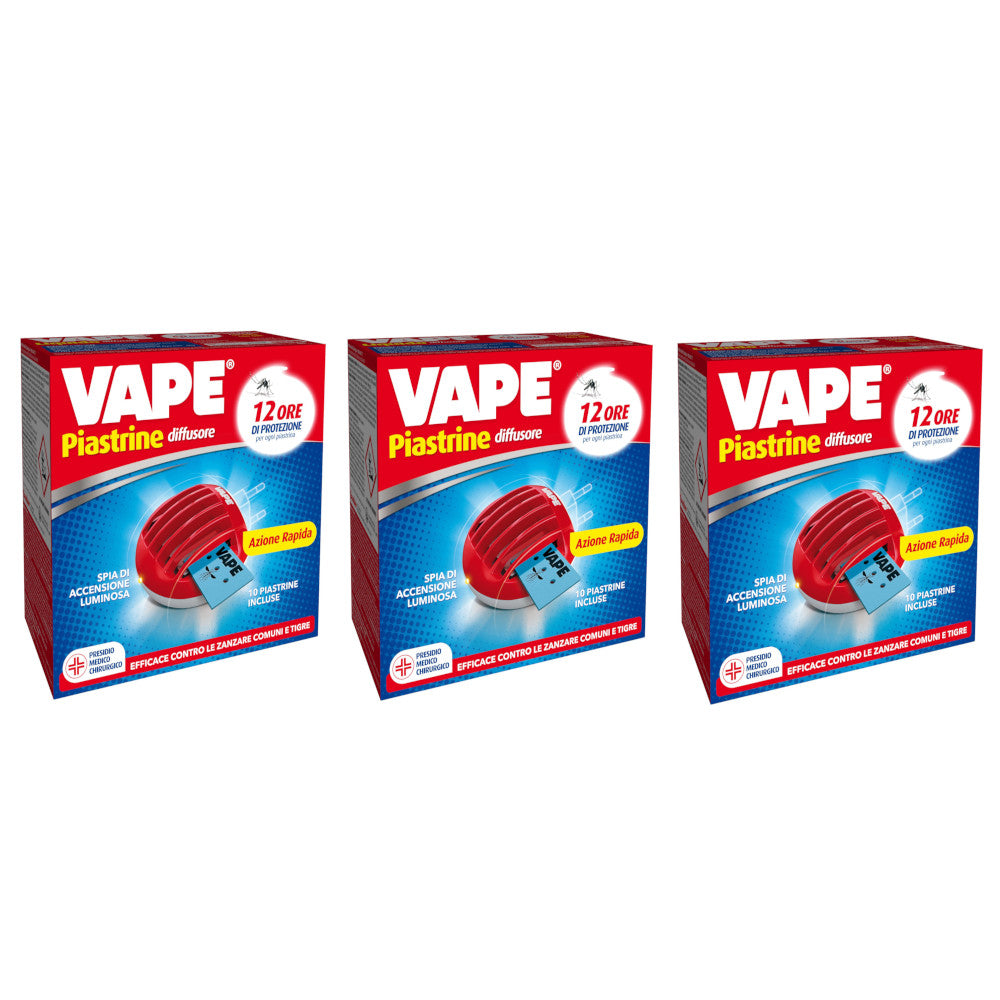 Mulitpack da 3 elettroemanatori vape anti zanzare a spina in confezione con 10 piastrine ciascuno