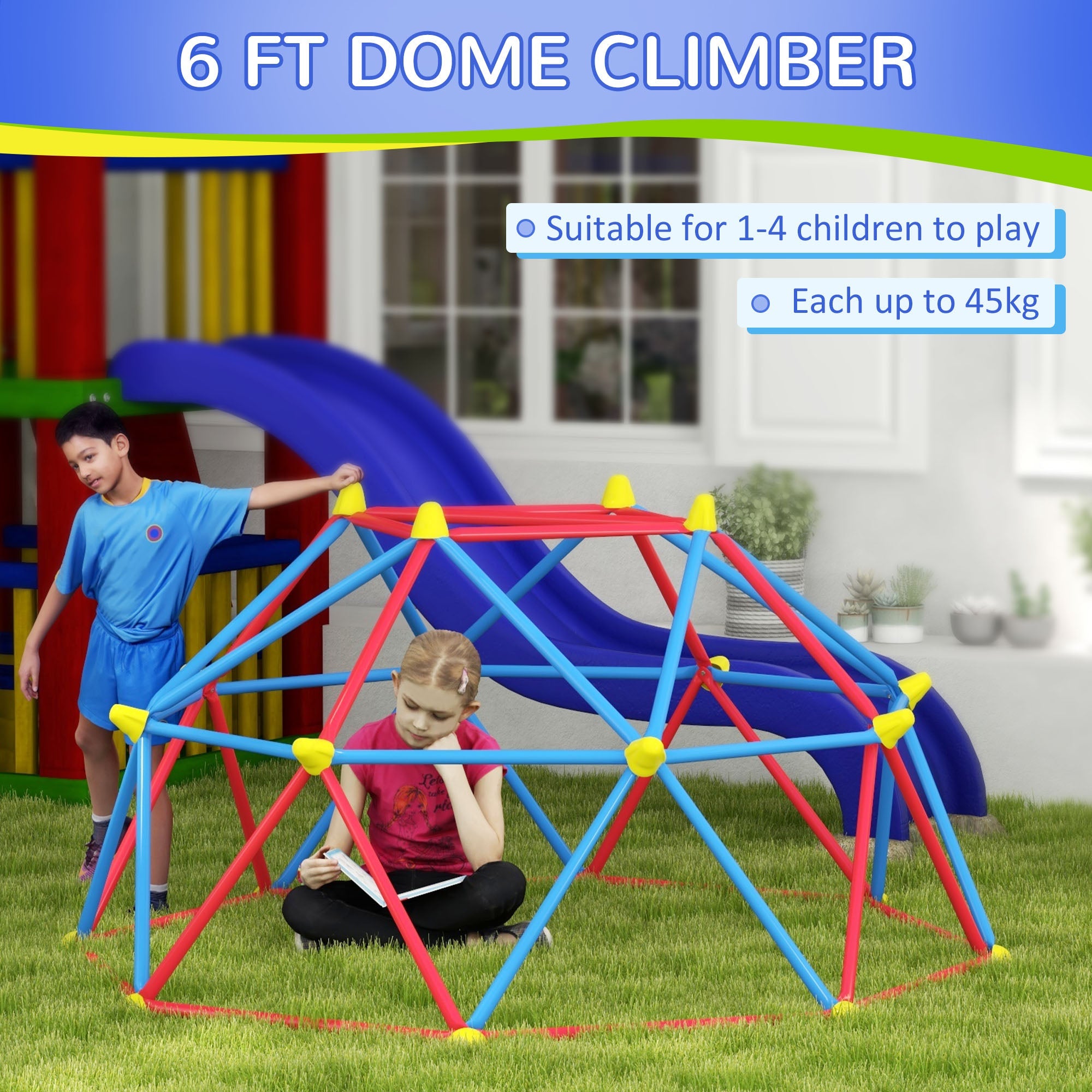 Cupola per Arrampicata Bambini 3-8 Anni per 4 Bimbi Ø183x90 cm in Metallo Multicolore