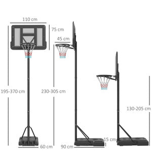 Canestro da Basket Esterno Altezza Allungabile 195-370 cm in Acciaio e Plastica Nero