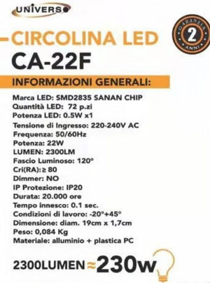 KIT CONVERSIONE CIRCOLINA 22W PANNELLO LED PLAFONIERA SMALL LUCE FREDDA NEON SMD CALAMITATO