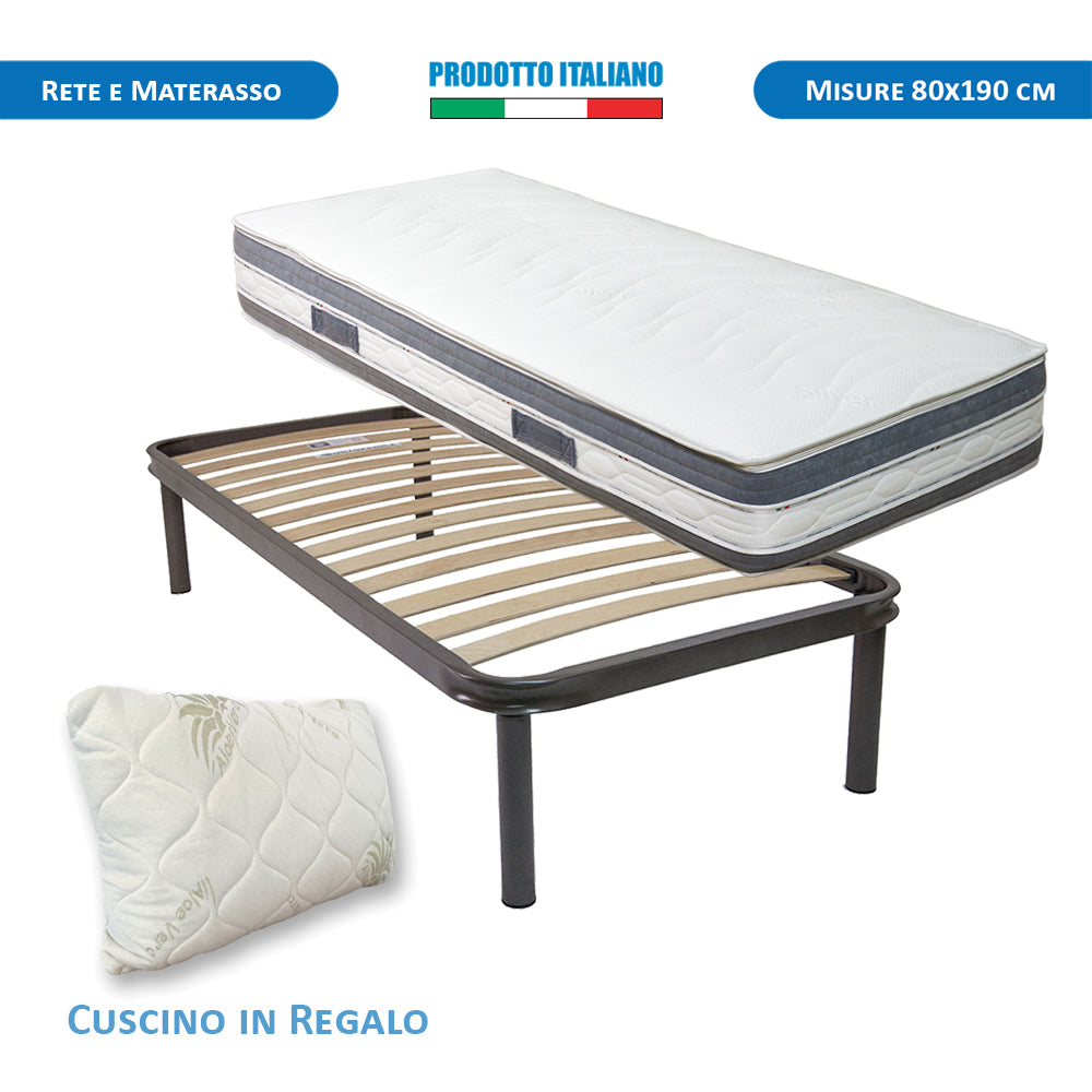 Kit materasso memory ioni argento e rete ortopedica singolo 80x190 Malaga H25 cuscino incluso - Comprarredo