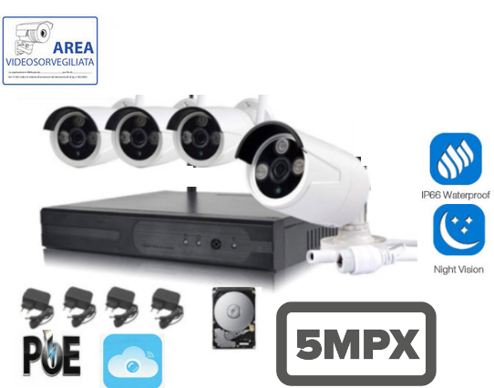 KIT VIDESORVEGLIANZA IP POE NVR 8 CANALI 4 TELECAMERE IP 5MPX VISIONE NOTTURNA 5 MPX H.265 HDD 500GB