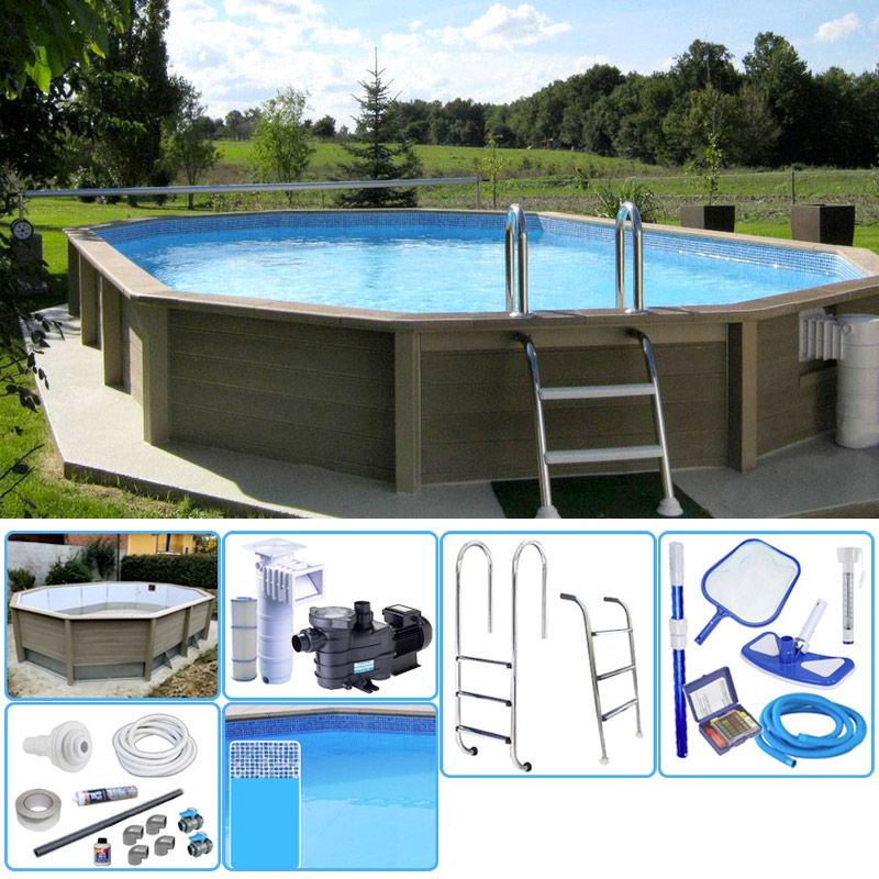 Kit Piscina Cemento Effetto Legno Naturalis Decagono Allungato 6,35 X 4,72 X H 1,40 M Con Filtrazione A Cartuccia