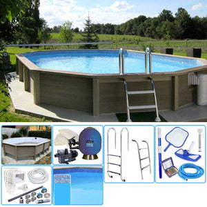 Kit Piscina Cemento Effetto Legno Naturalis Decagono Allungato 7,75 X 4,72 X H 1,40 M Con Filtrazione A Sabbia