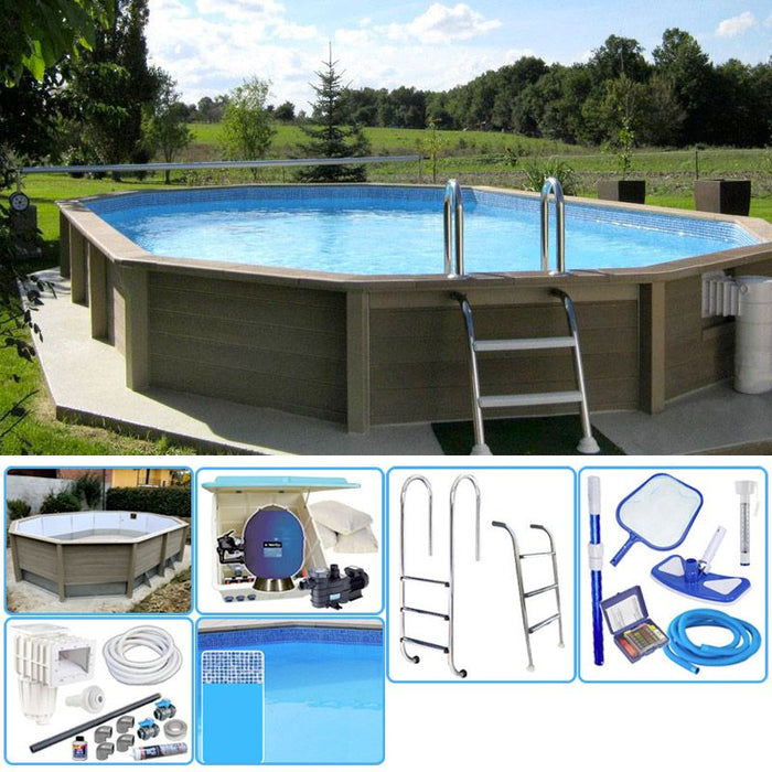 Kit Piscina Cemento Effetto Legno Naturalis Decagono Allungato 7,75 X 4,72 X H 1,40 M Con Filtrazione A Sabbia E Locale Tecnico